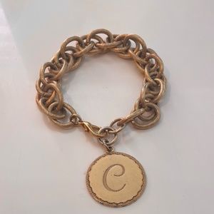 Anthropologie gold tone double link charm bracelet with initial 'C'